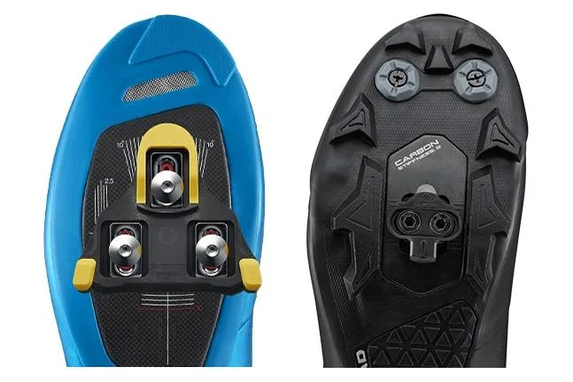 How to Choose Cycling Shoes for Your Brand: 9 Specifications to Check 1 Comparison of three-bolt road and two-bolt MTB cycling shoe cleat mounting patterns