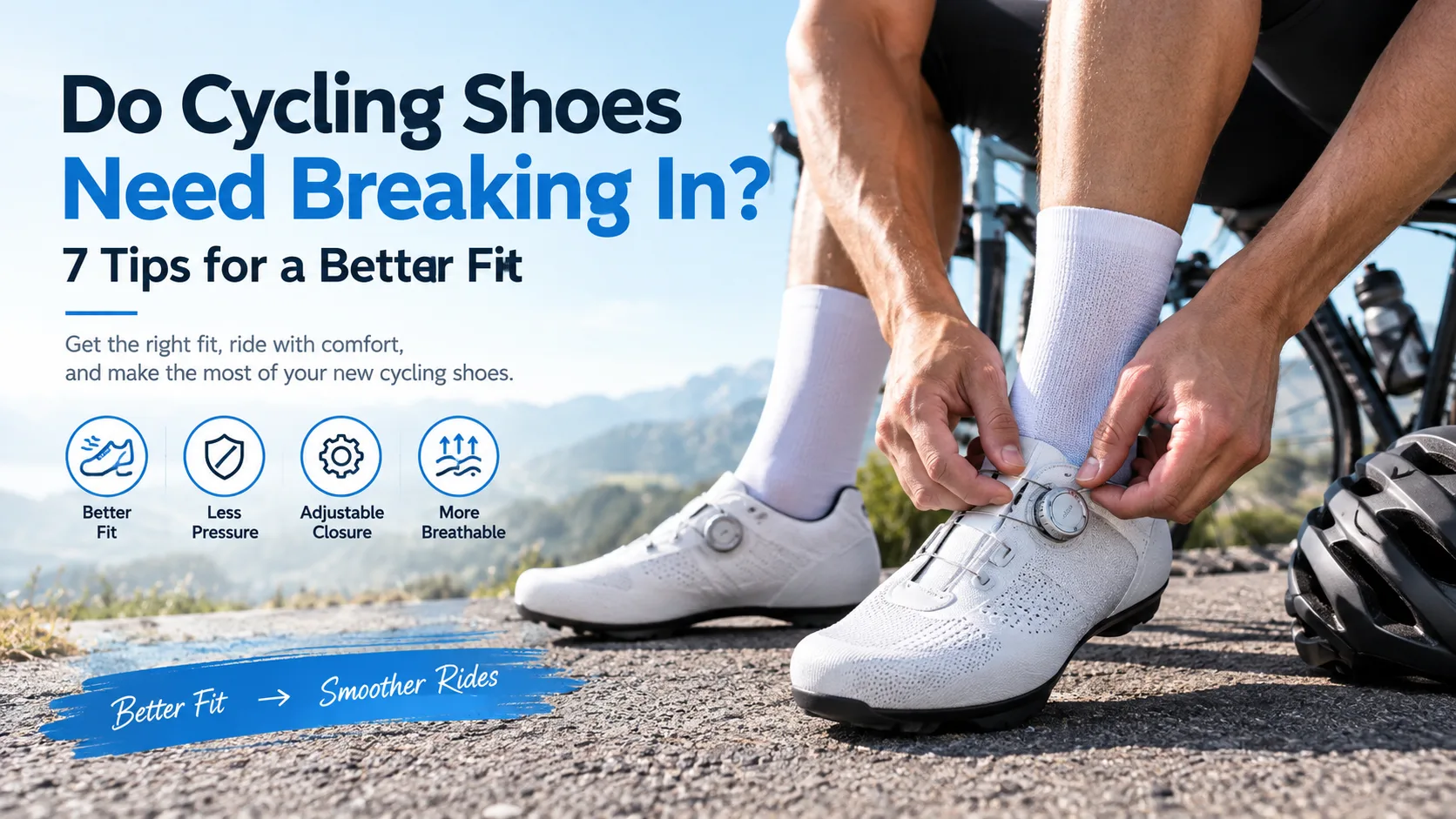 Cyclist putting on new cycling shoes before a ride