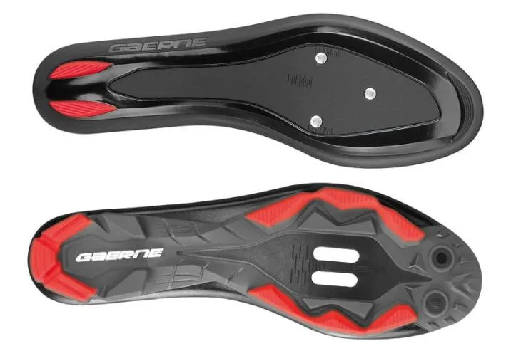 Road and mountain bike cycling shoes with different sole constructions